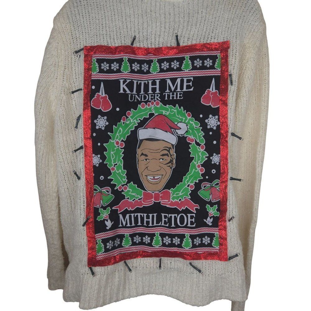 Handmade Ugly Christmas Sweater Mike Tyson Merry Kithmas Cardigan Womens L Light